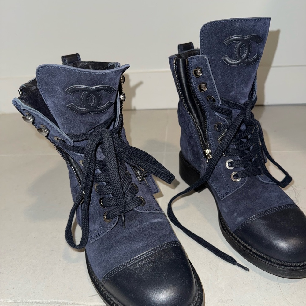 Chanel Navy Blue Combat Boots